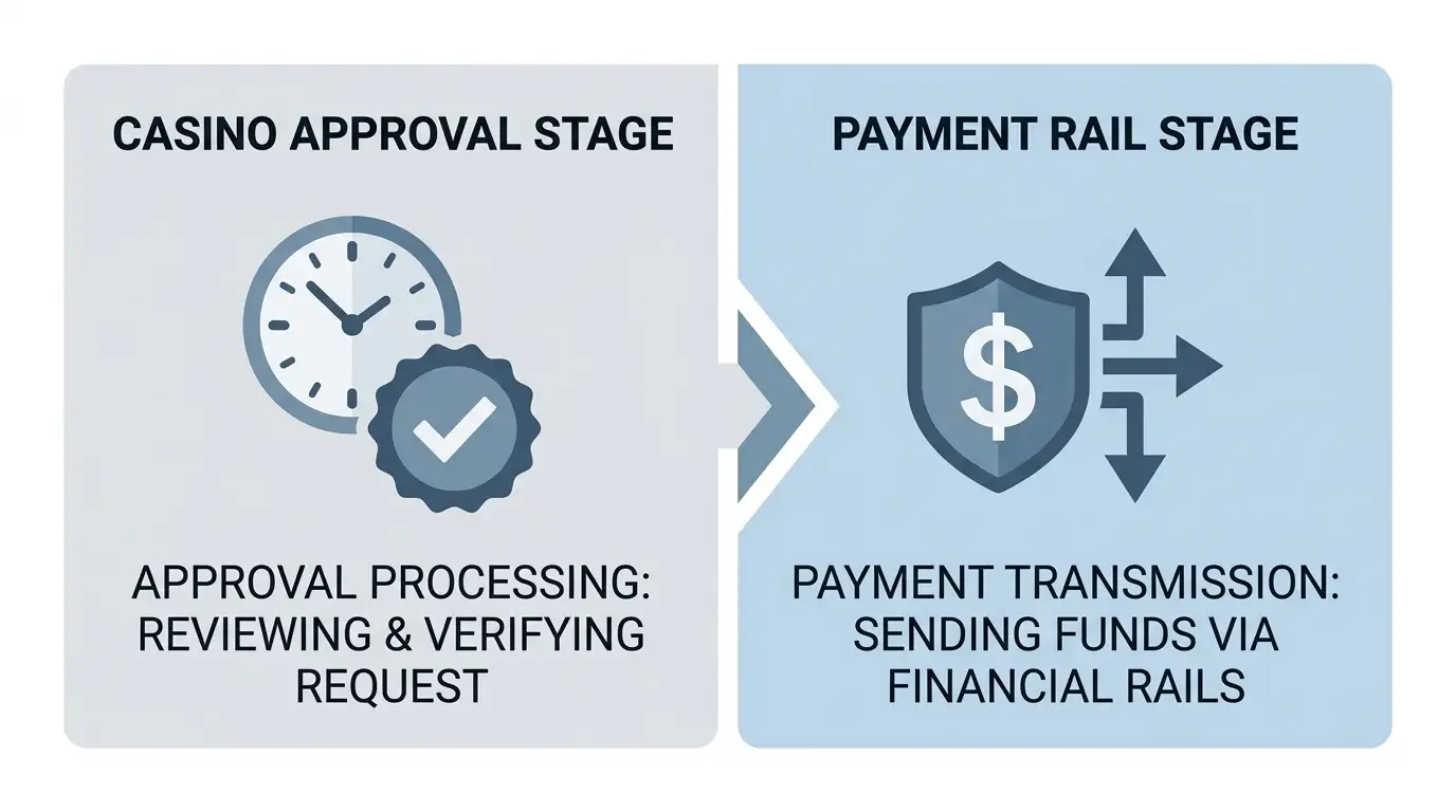 Diagram showing two-stage casino withdrawal process with casino approval and payment rail timeline