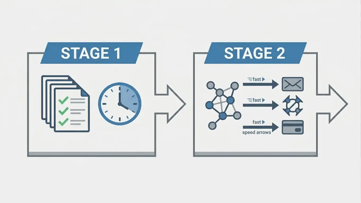 Diagram showing two-stage casino withdrawal process with approval queue and payment rail timing