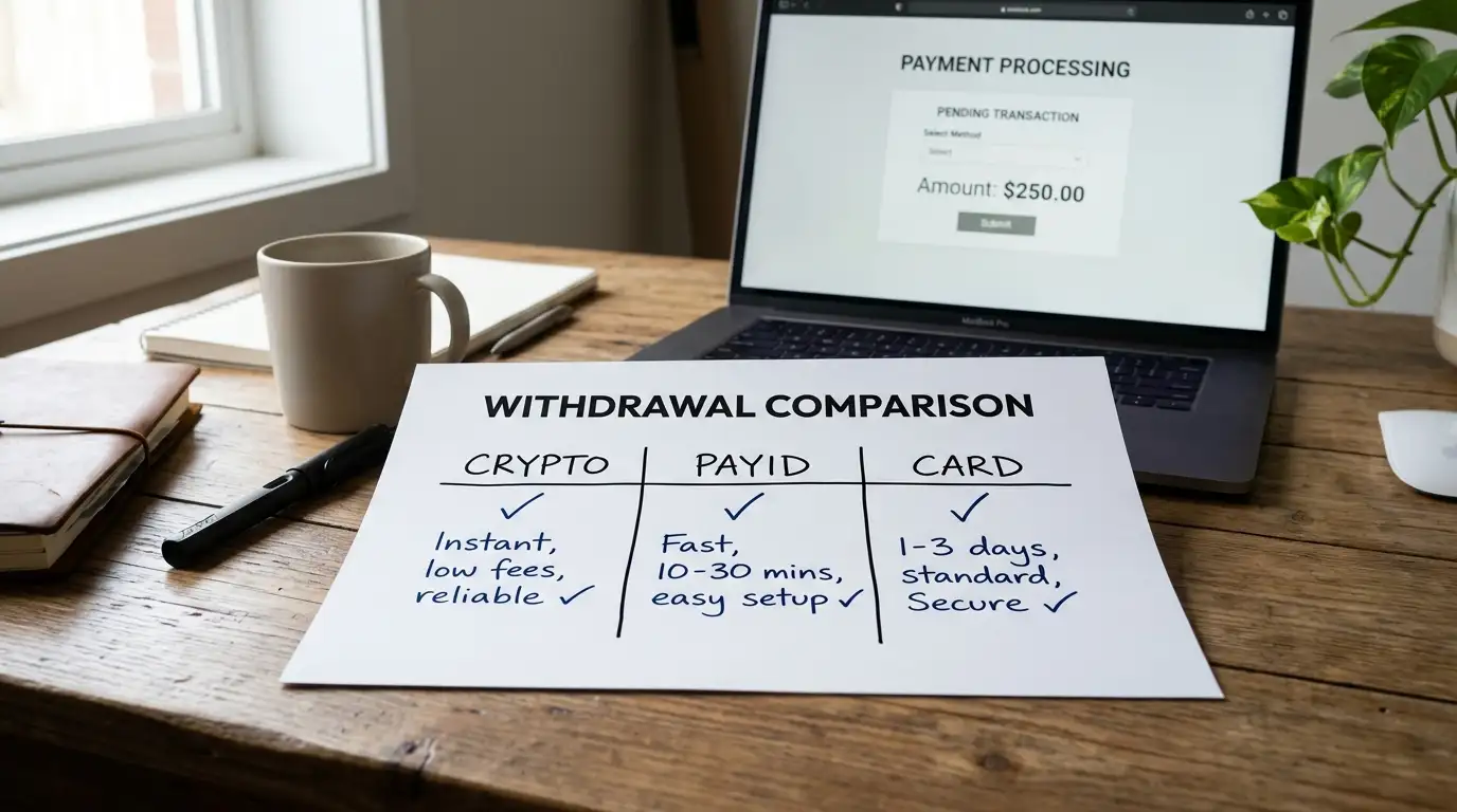 Withdrawal comparison document showing crypto, PayID, and card processing times