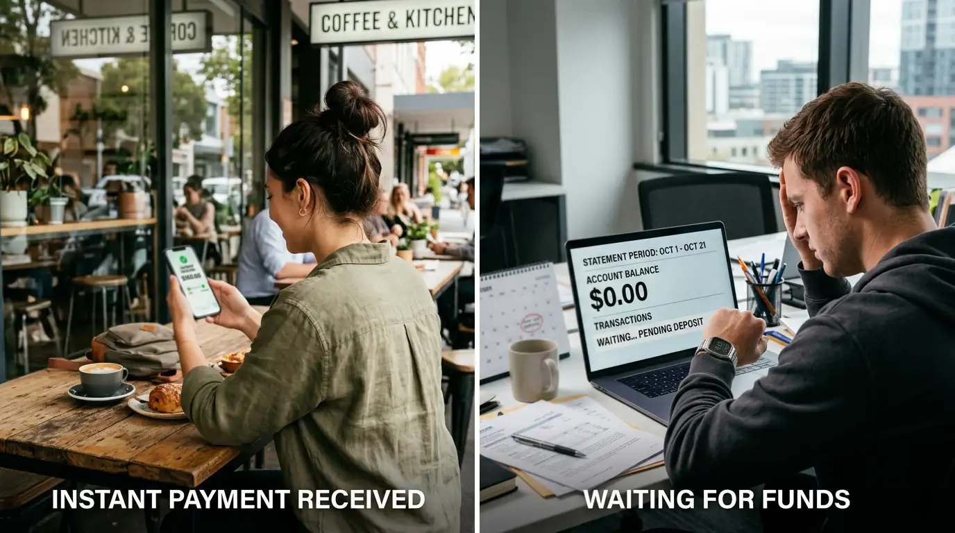 Split screen comparison showing satisfied player receiving instant casino payout versus frustrated player waiting for delayed withdrawal