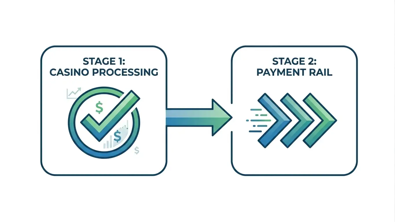 Two-stage casino withdrawal process diagram showing Stage 1 approval and Stage 2 payment rail