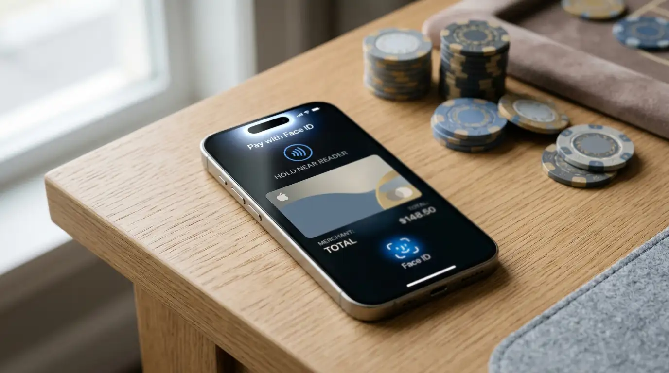 Australian player using Apple Pay at online casino with iPhone showing Face ID authentication