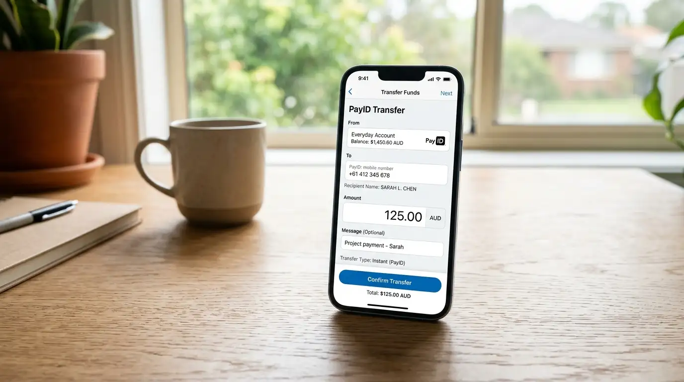 Modern Australian banking smartphone showing PayID transfer interface