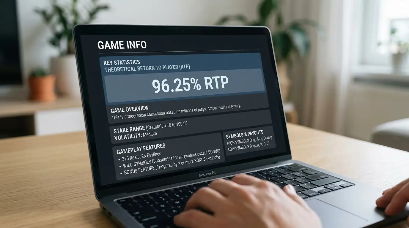 Person checking RTP percentage in pokie game info screen on laptop