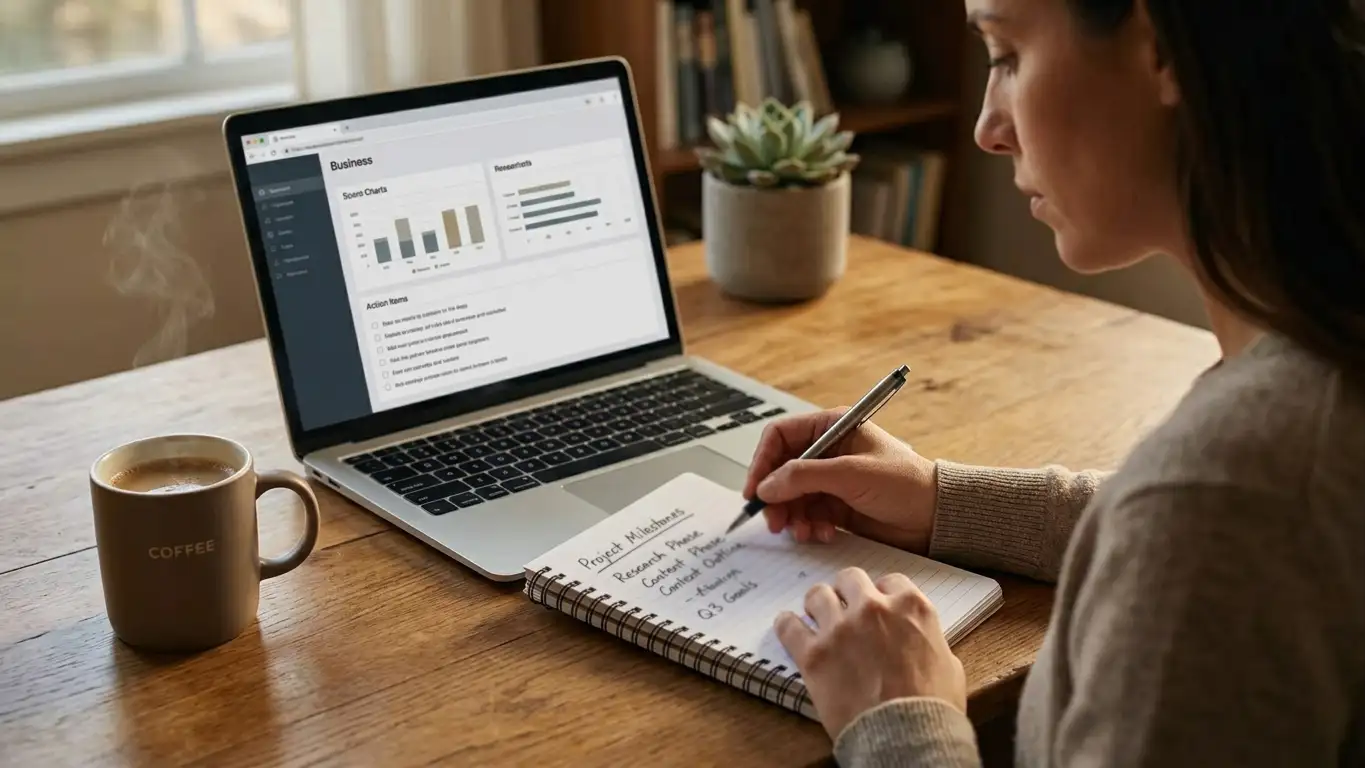 A person reviewing notes and a laptop while planning a budget at a desk