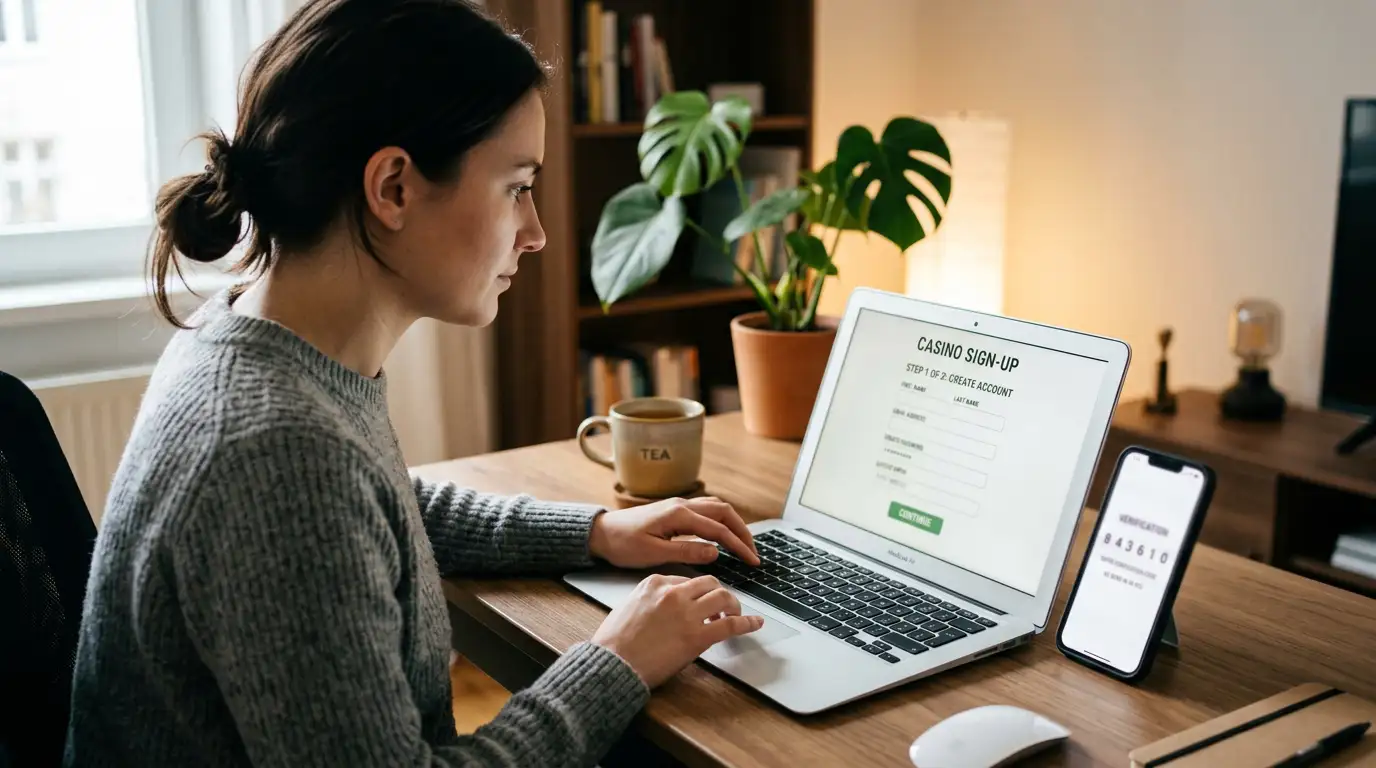 Person at laptop reviewing casino claiming process step by step