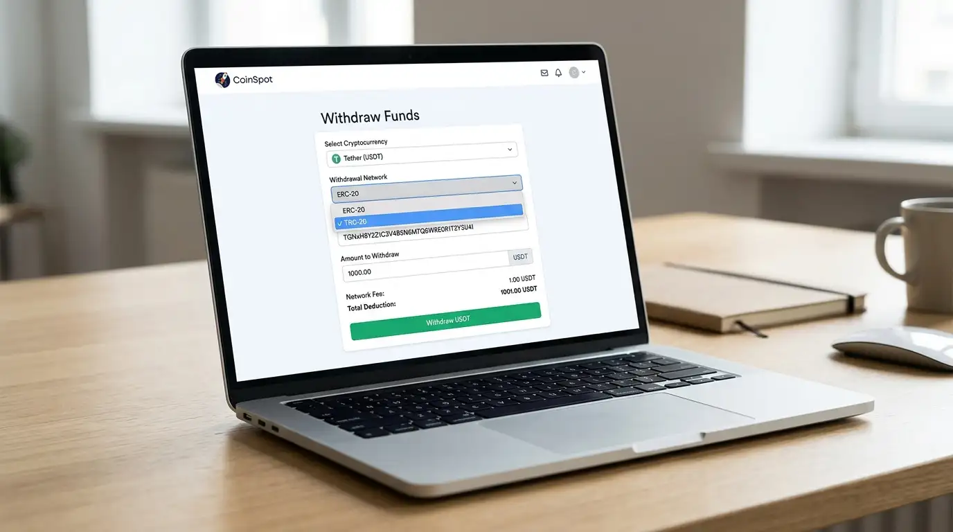 CoinSpot withdrawal screen showing TRC-20 network selection and casino wallet address