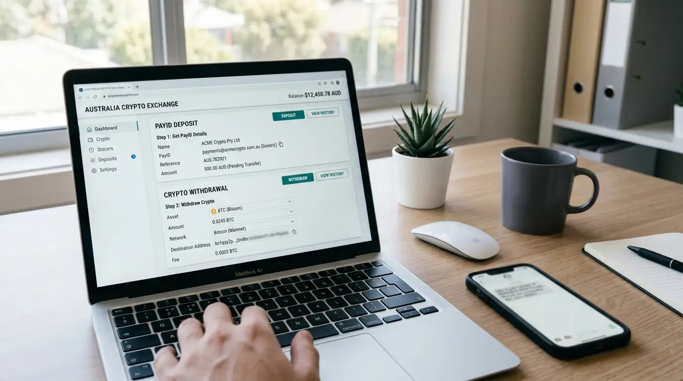 Australian exchange interface showing PayID deposit and crypto withdrawal process