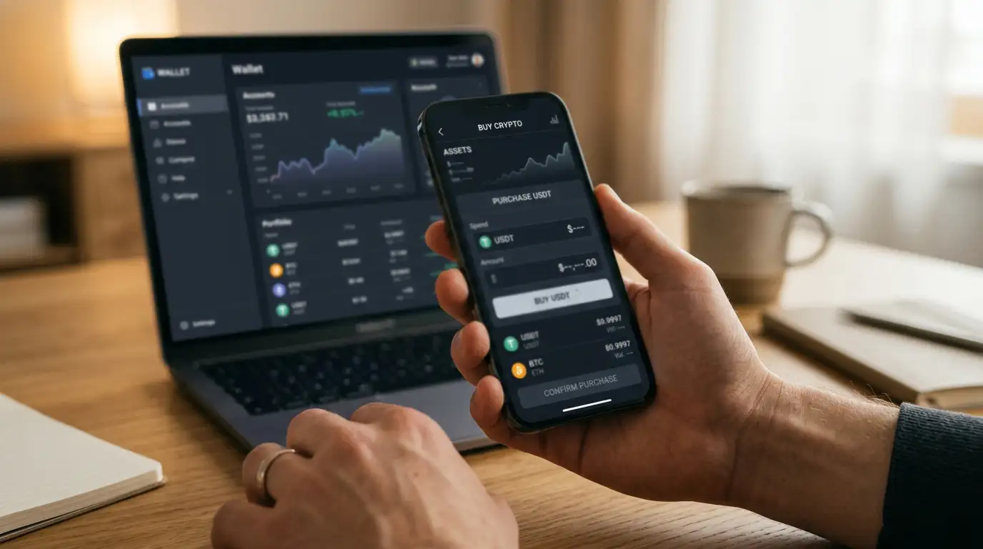 Smartphone showing CoinSpot app with USDT purchase screen and Trust Wallet