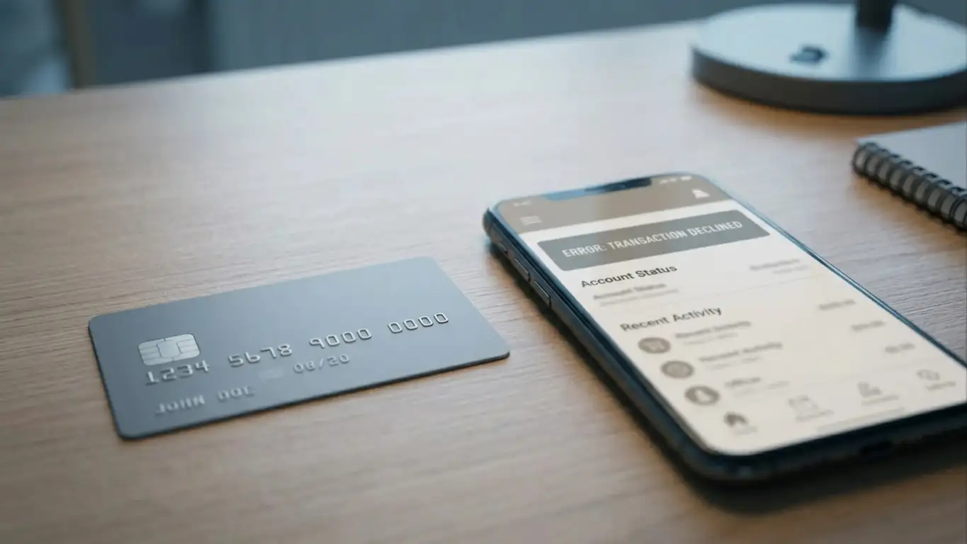 A bank card and smartphone showing a declined payment message on a desk