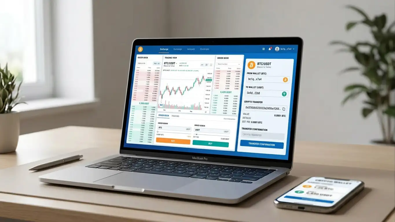 Cryptocurrency wallet setup on laptop showing Bitcoin and USDT with Australian exchange interface