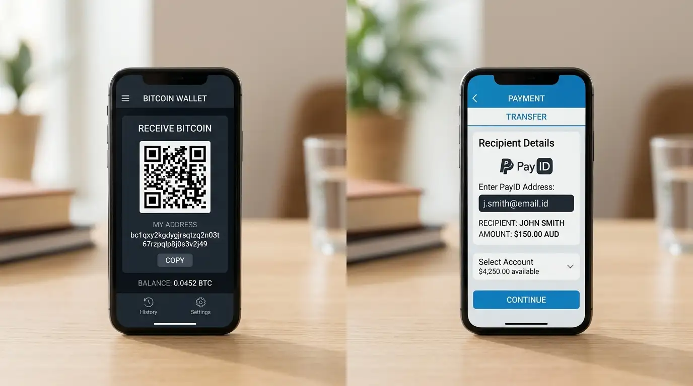 Bitcoin wallet address and PayID banking interface side by side on laptop screen