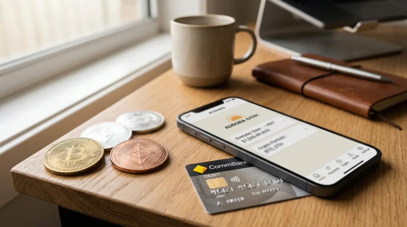 Cryptocurrency tokens and Australian bank card side by side