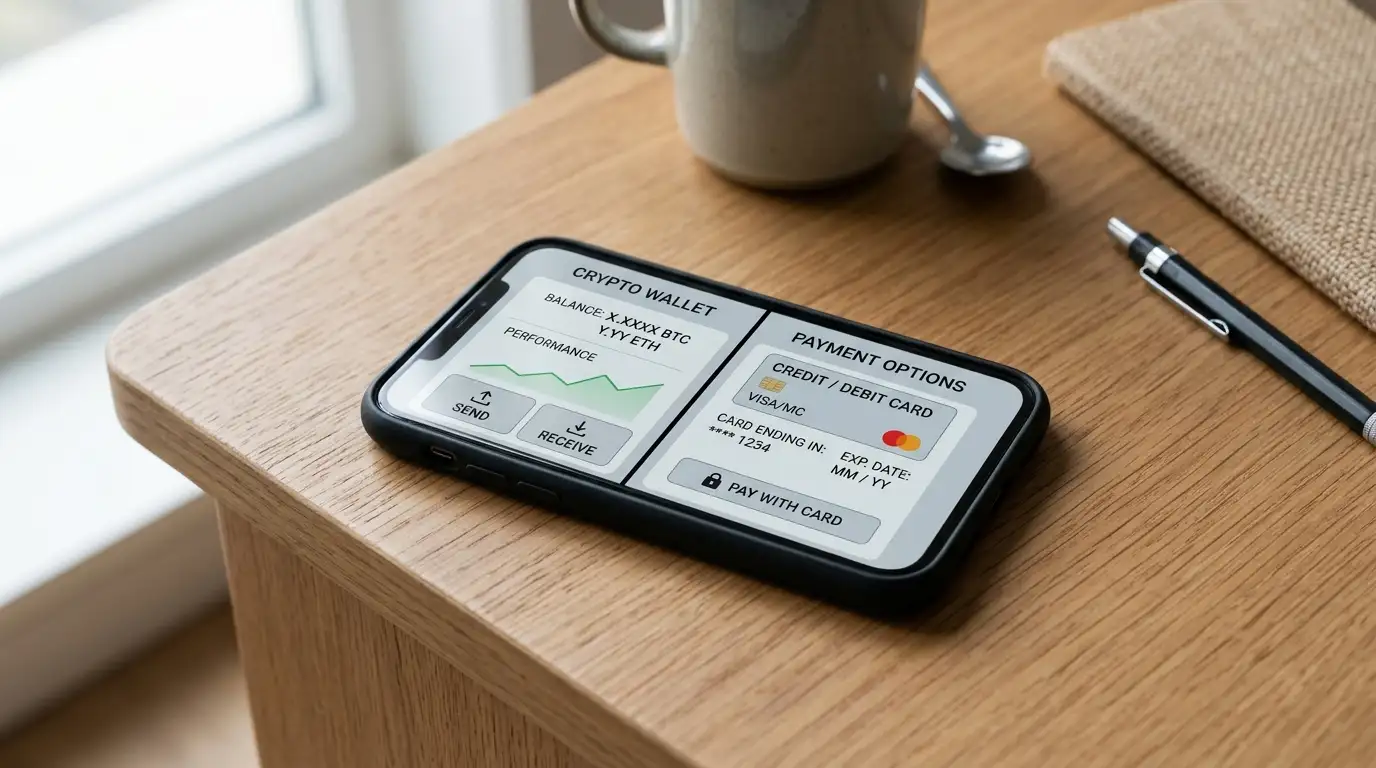 Crypto wallet and card payment options on mobile screen
