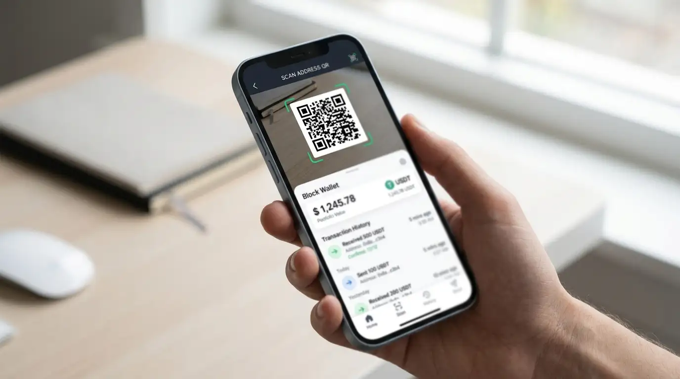 Smartphone displaying cryptocurrency wallet with casino deposit QR code