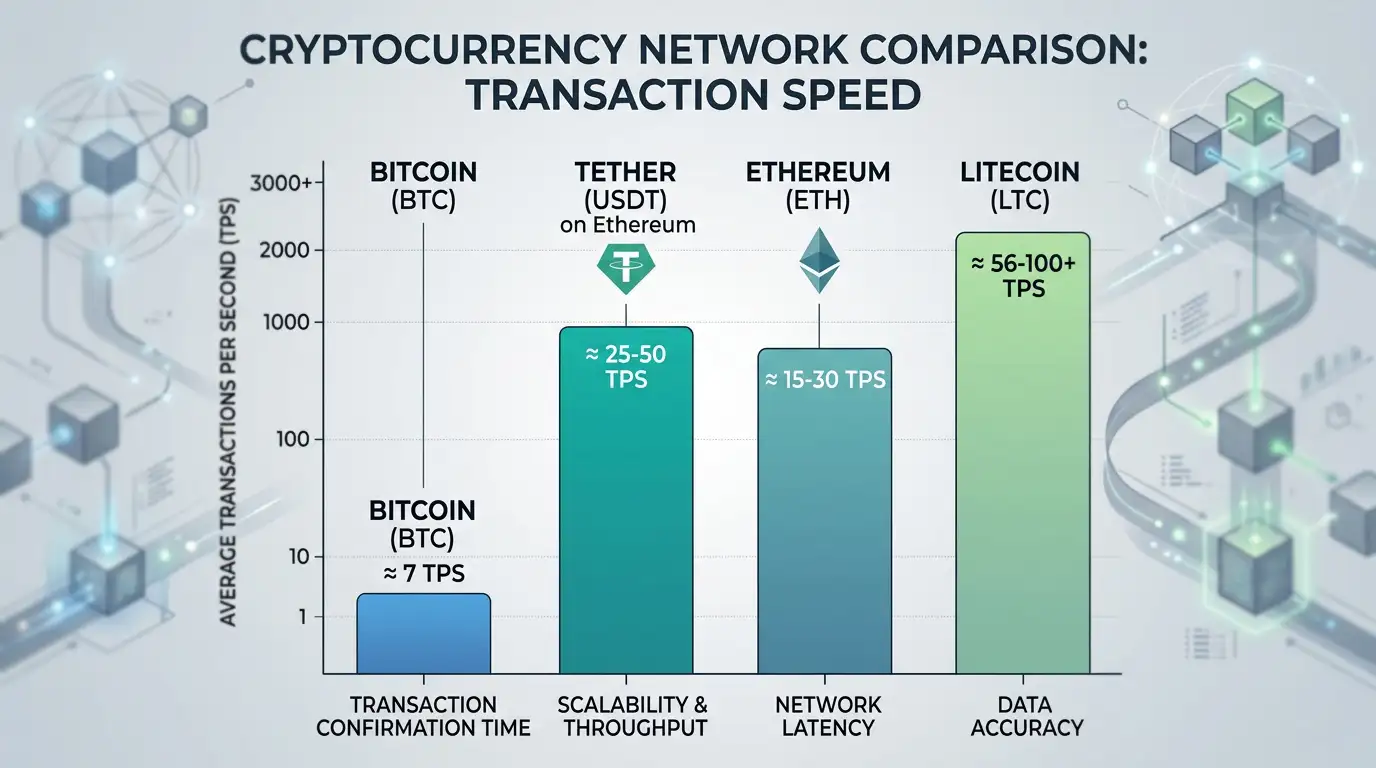 Cryptocurrency network comparison chart showing transaction speeds and fees for BTC, USDT, ETH, and LTC