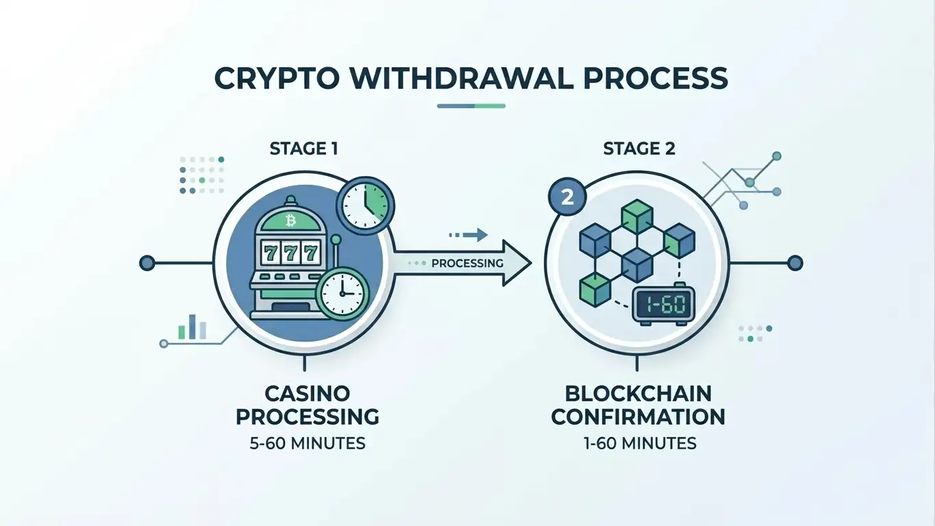 Two-stage withdrawal timeline showing casino processing and blockchain confirmation separately