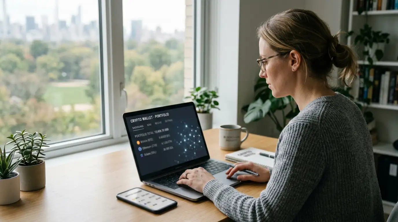 Cryptocurrency wallet interface on laptop with blockchain visualization