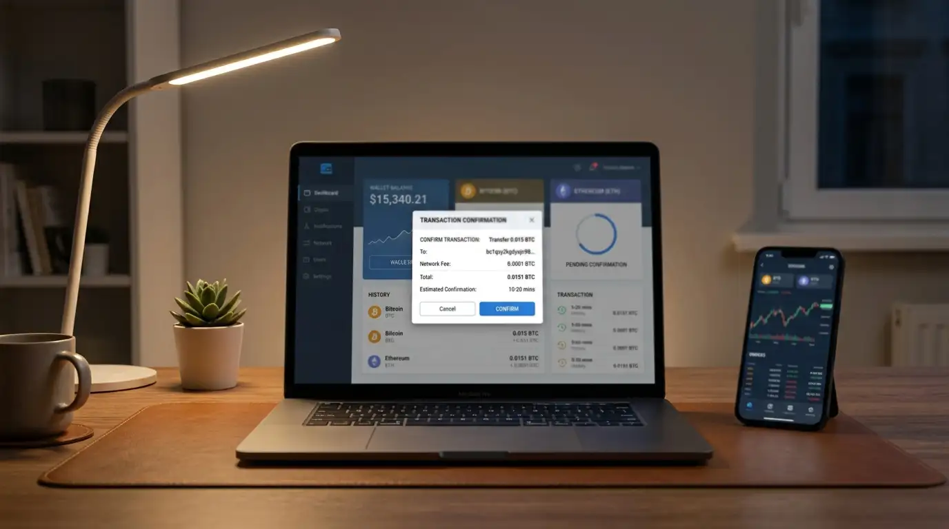 Laptop screen showing cryptocurrency wallet interface with blockchain transaction confirmation and Bitcoin symbols