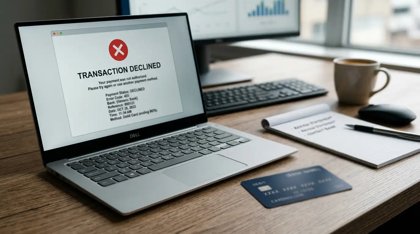 Generic debit card showing declined transaction on laptop screen