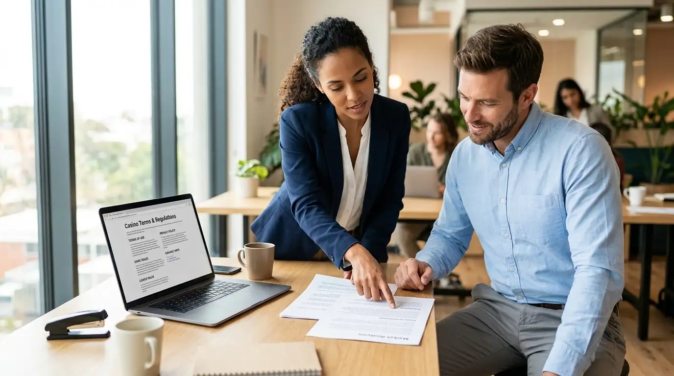 Two people at desk reviewing casino bonus terms document