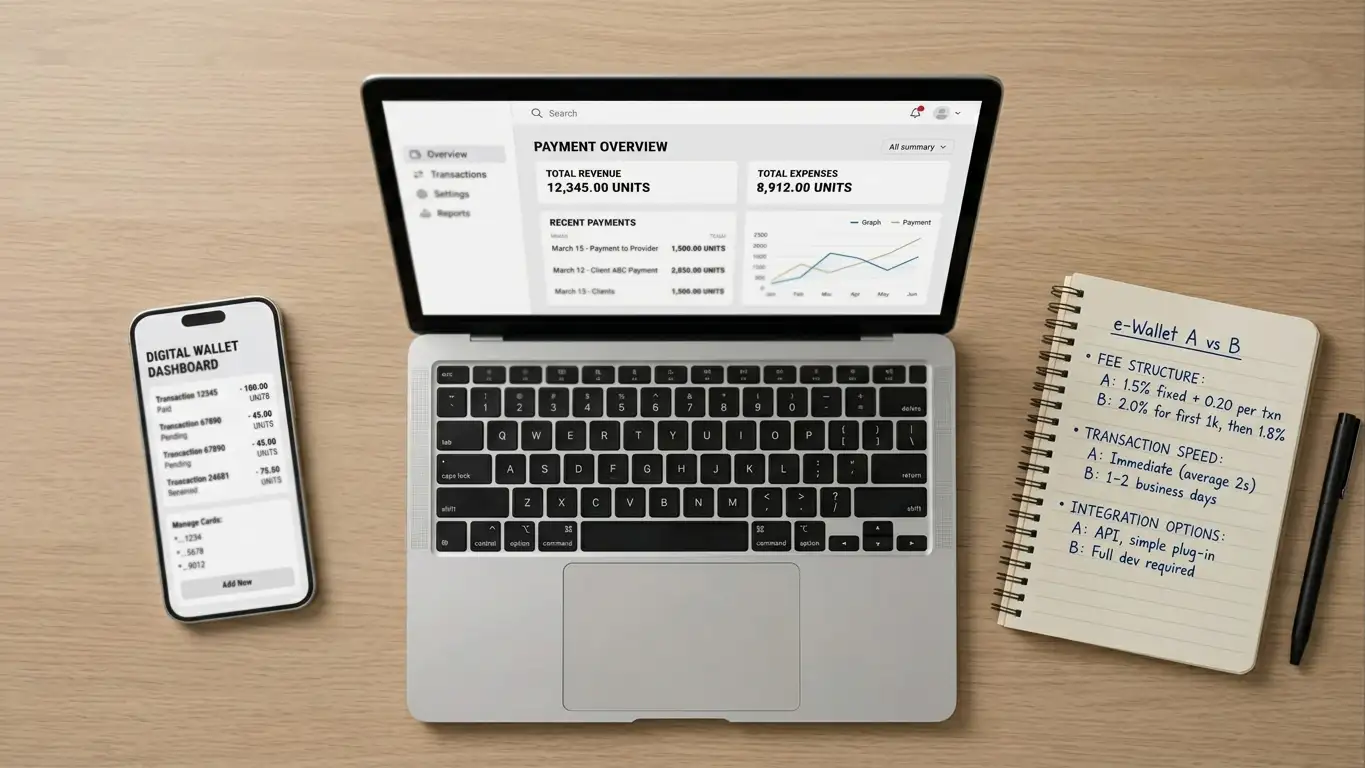 Digital wallet interface comparison on desk with smartphone and laptop