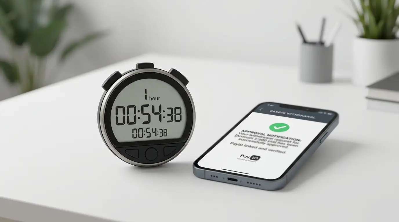 Stopwatch showing under one hour next to smartphone displaying casino withdrawal approval notification