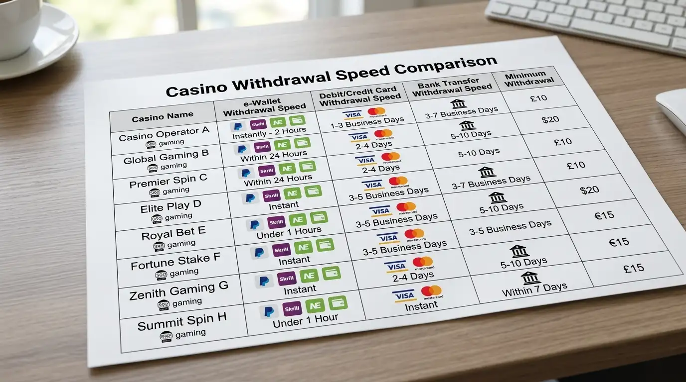 Comparison chart showing ten offshore casino operators with withdrawal speeds and payment methods for Australian players