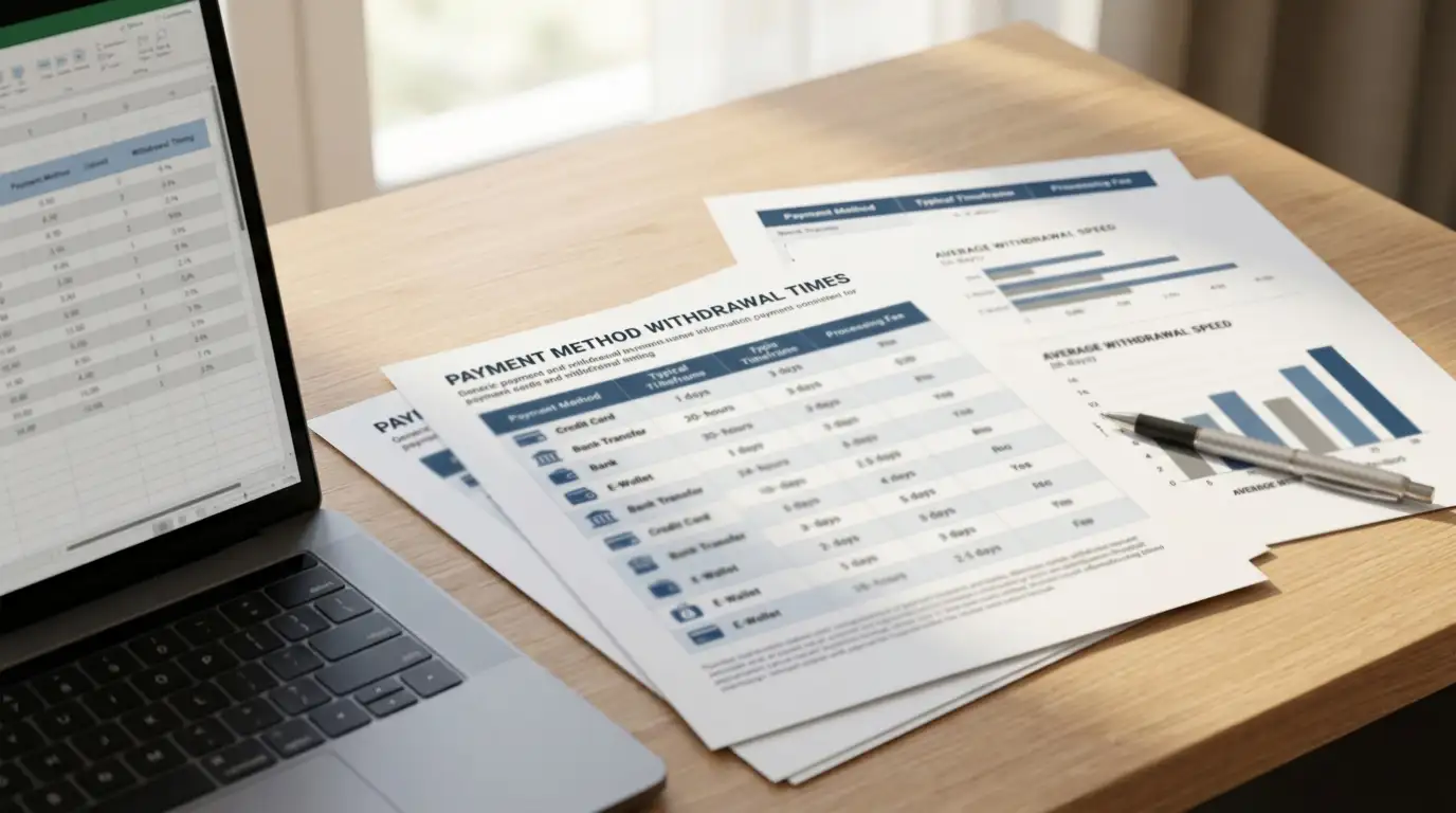 Clean desk with documents comparing offshore casino withdrawal speeds and payment methods