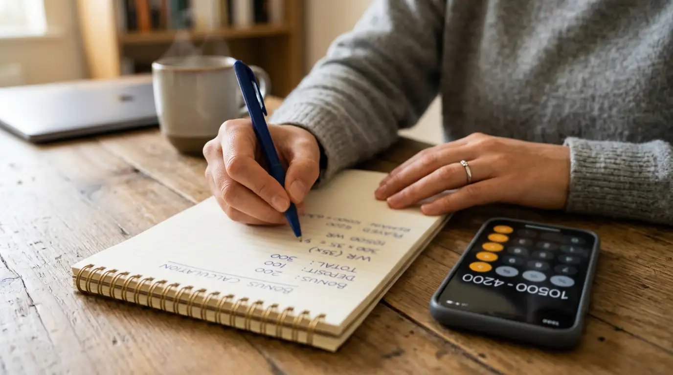 Person calculating bonus wagering requirements with notepad and pen