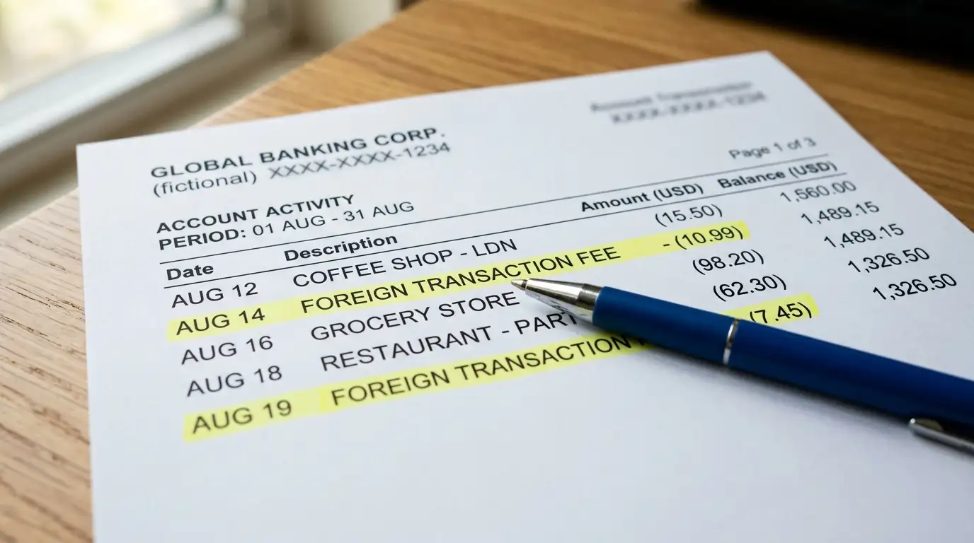 Bank statement showing foreign transaction fee entries highlighted with pen