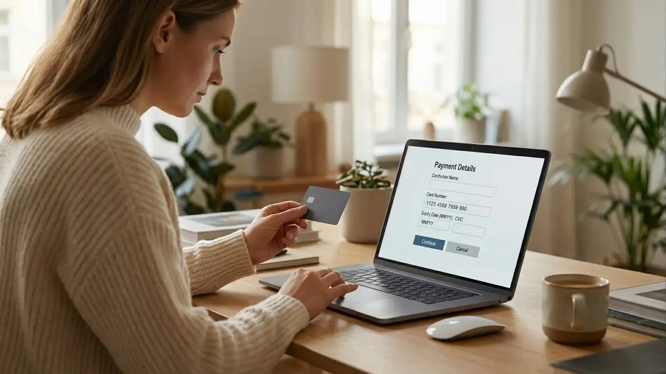 A person at a tidy desk entering card details into a laptop cashier form
