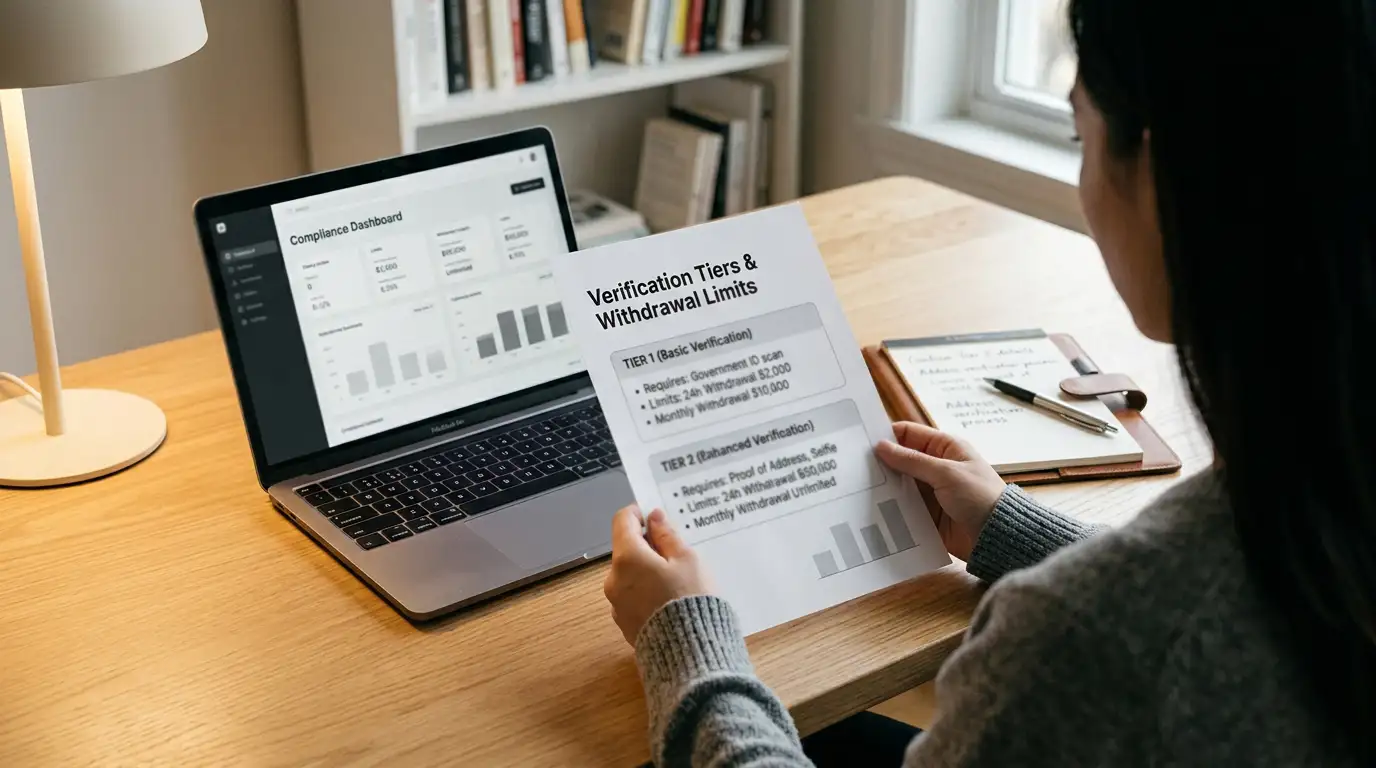 Person reviewing KYC verification triggers and withdrawal thresholds at offshore casino
