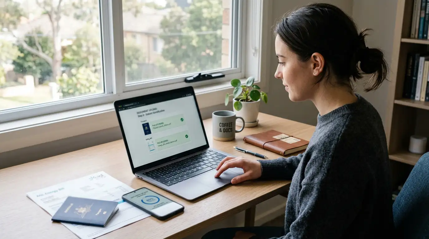 Person at desk uploading identity documents on laptop with passport and utility bill visible