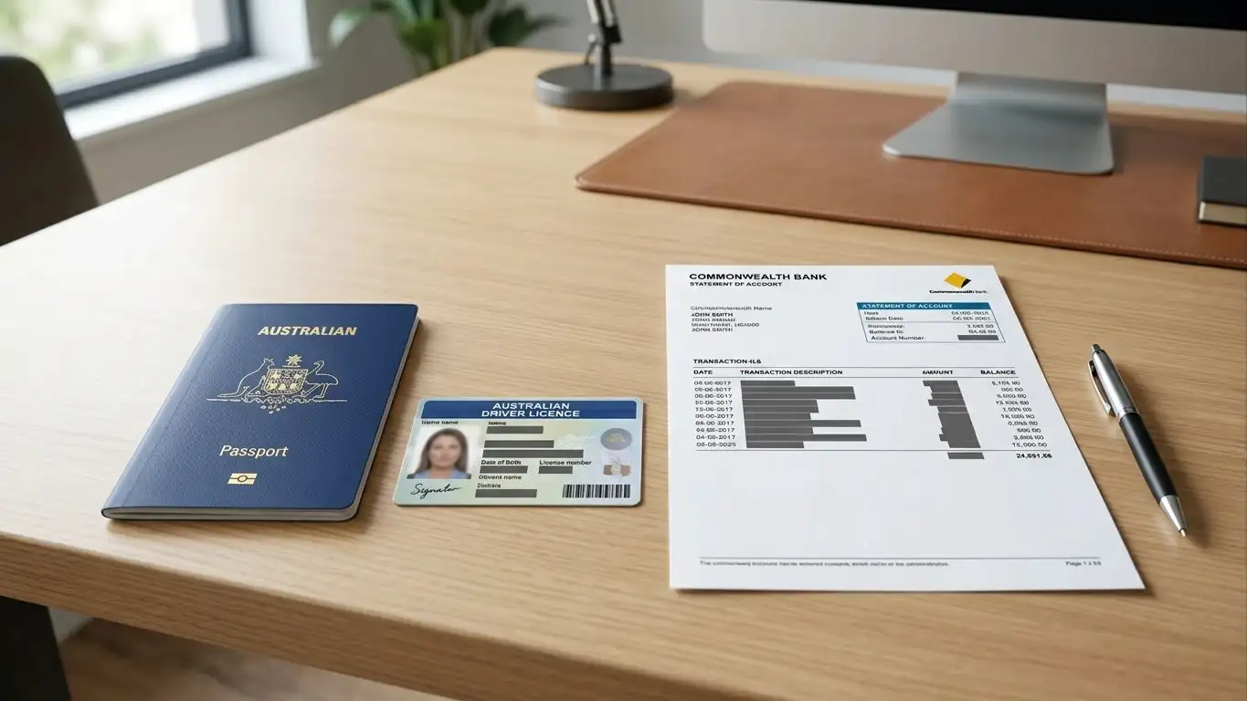 KYC verification documents including passport, driver license, and bank statement on desk ready for casino approval