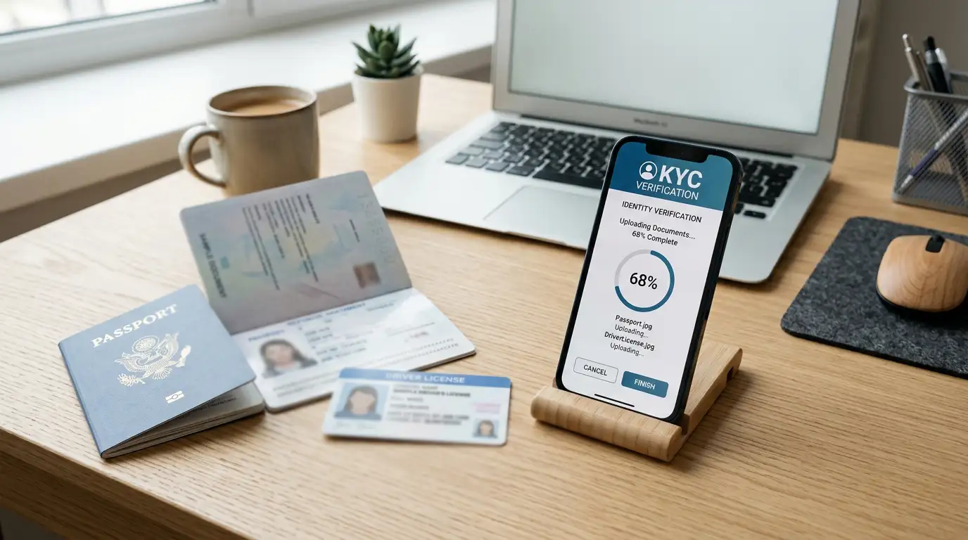 Identity documents and smartphone showing verification app