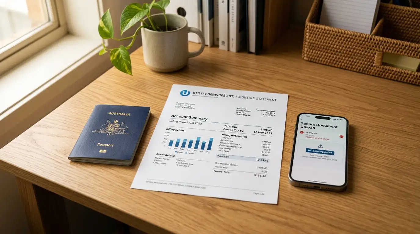 Australian passport and utility bill prepared for online casino KYC verification process
