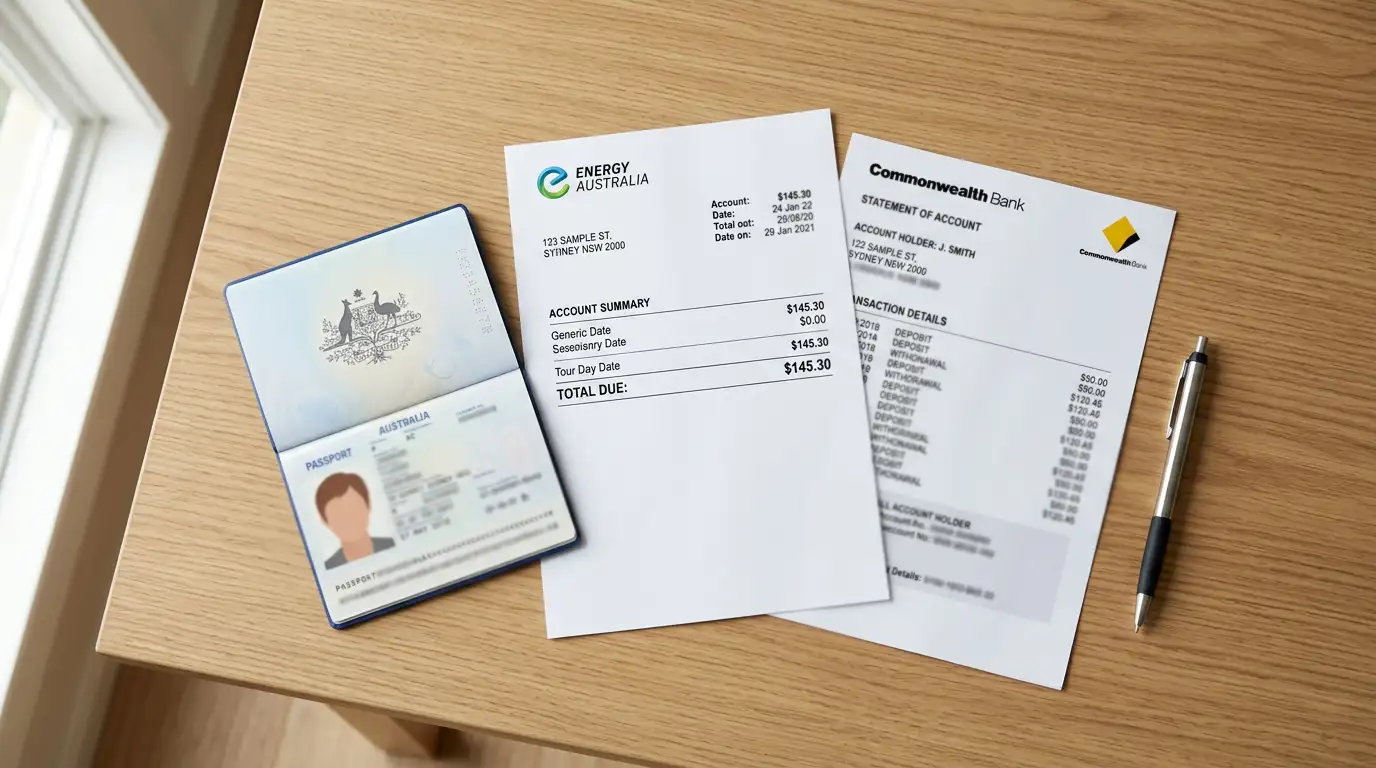 Document verification checklist with passport, utility bill, and bank statement on desk