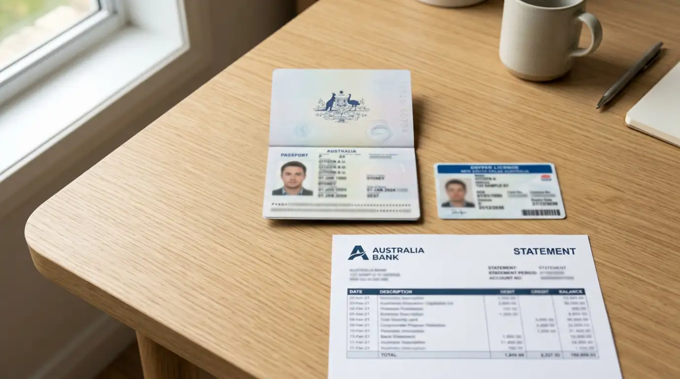 Clean desk with passport driver licence and bank statement documents for casino KYC verification