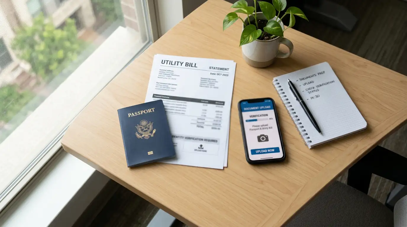 Desk with passport, utility bill, and smartphone showing identity verification upload screen
