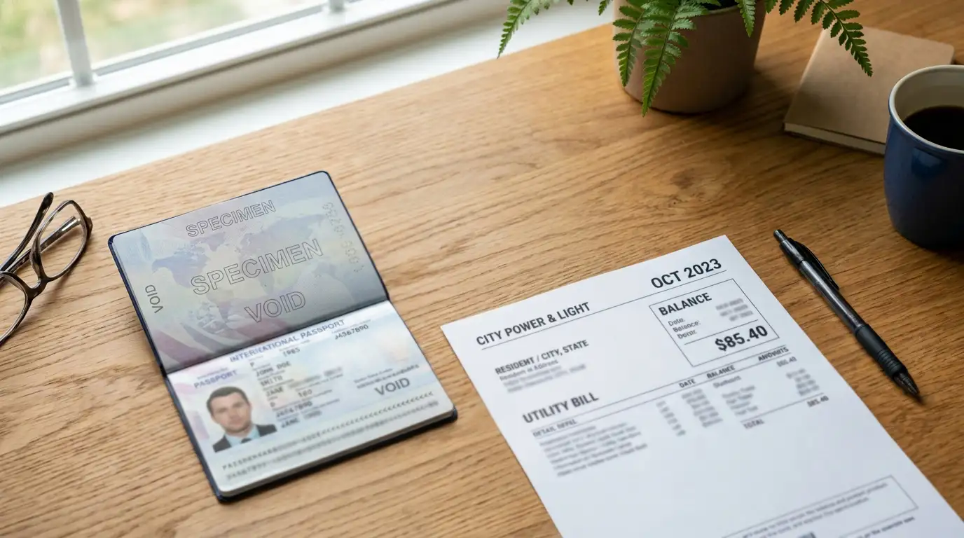 KYC verification documents on desk: passport, utility bill, smartphone
