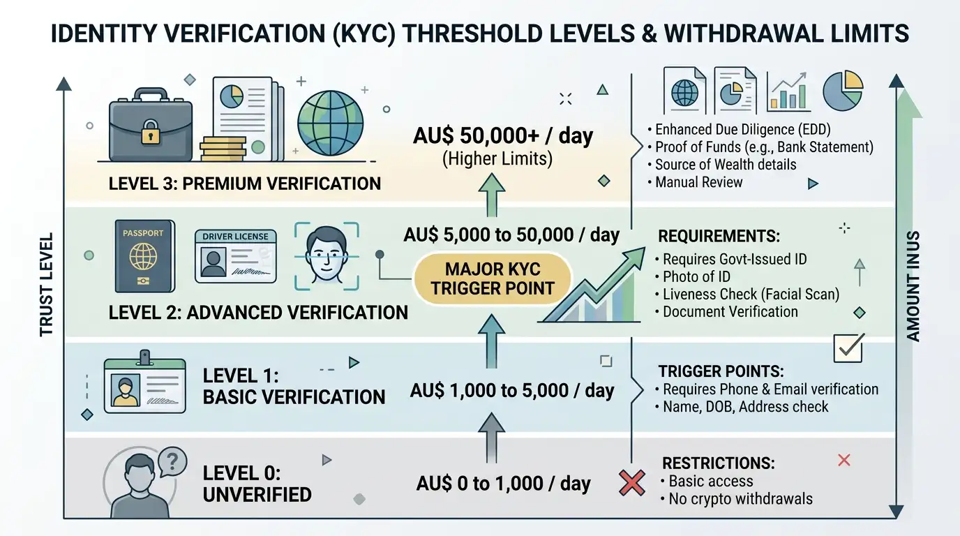 Identity verification threshold diagram showing KYC trigger points at different withdrawal amounts