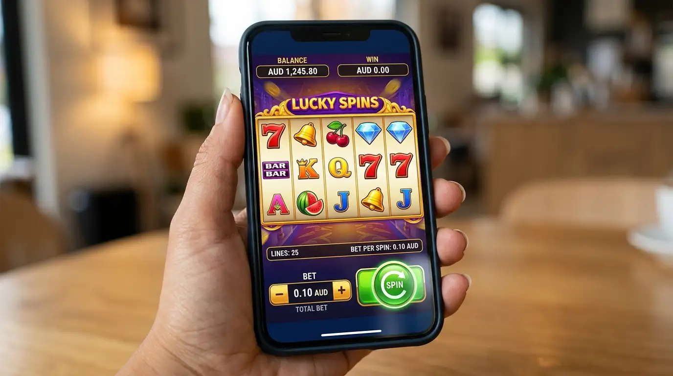 Pokies reels showing low-bet game with $0.10 spin counter visible