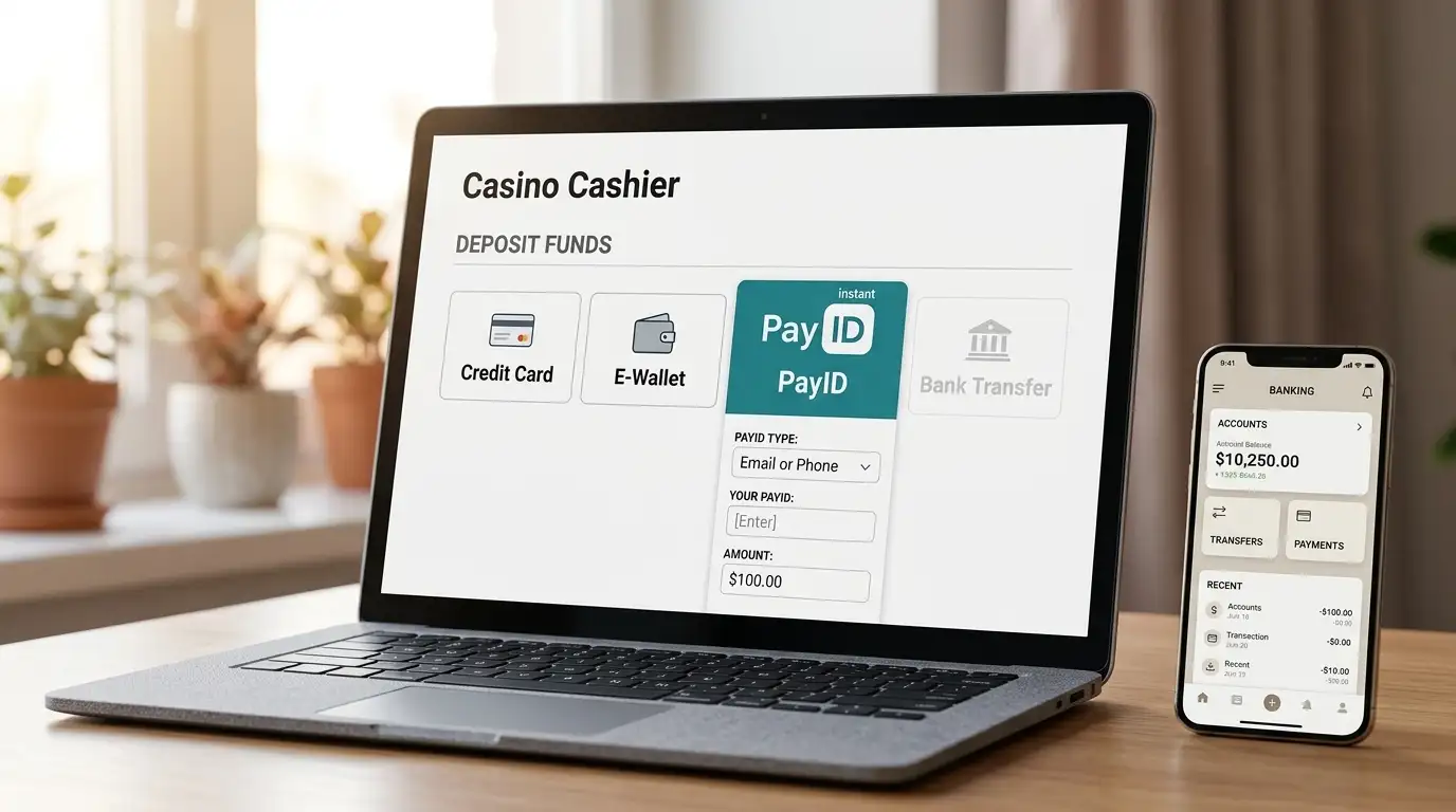 Laptop screen showing casino cashier with PayID deposit option