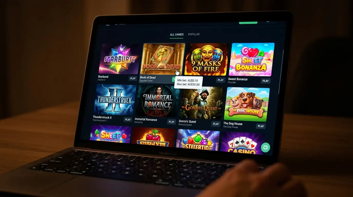 Pokie game selection showing low-stake options like Starburst and Book of Dead at A$0.10 spin