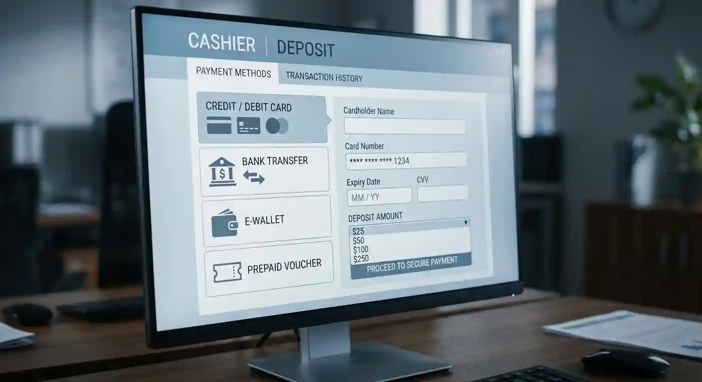 Casino cashier interface showing payment method selection screen