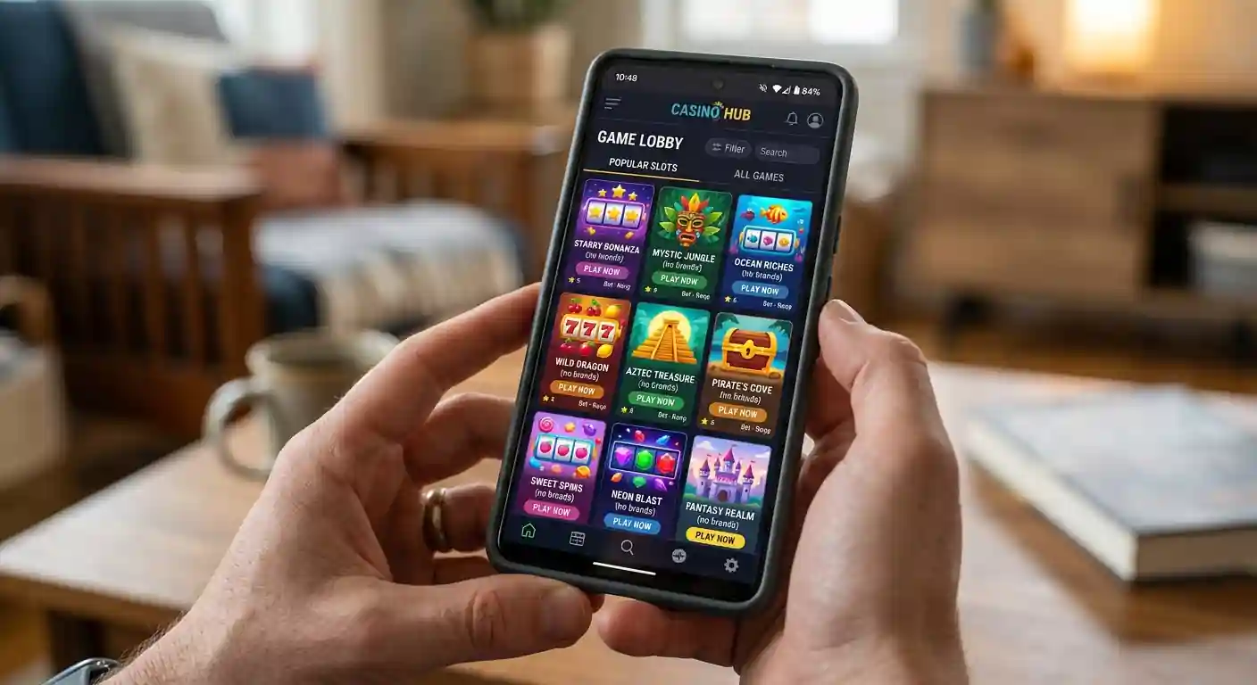 Smartphone displaying pokies selection screen with Pragmatic Play and NetEnt game tiles