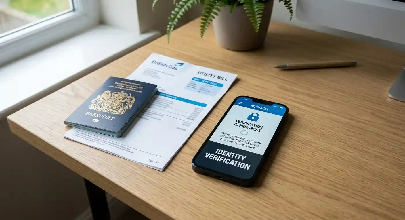 Identity verification documents and smartphone showing MiFinity wallet verification screen