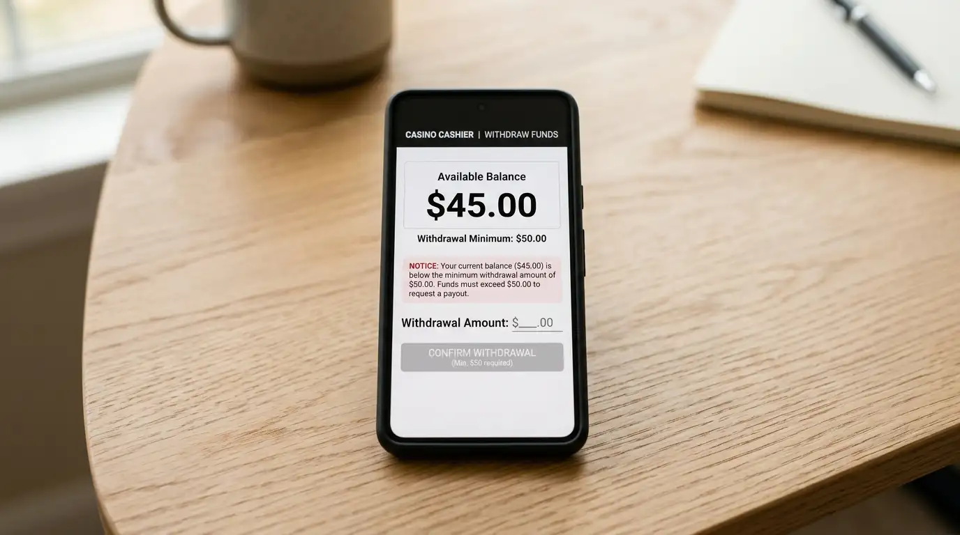 Smartphone showing casino cashier withdrawal screen with $45 balance and $50 minimum notice