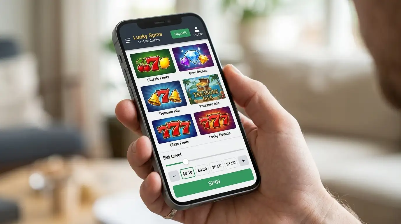 Mobile phone displaying responsive casino interface with pokie games at various minimum spin levels